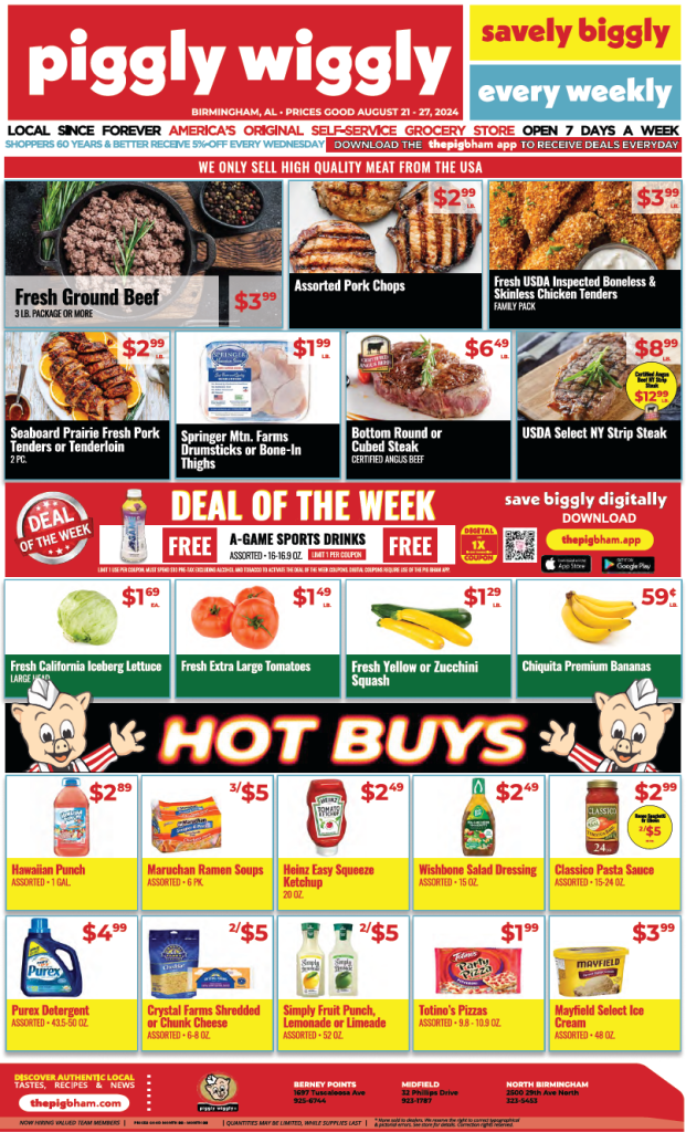 Piggly Wiggly weekly ad featuring special offers on fresh meat, produce, and grocery items from August 21 to August 27, 2024.